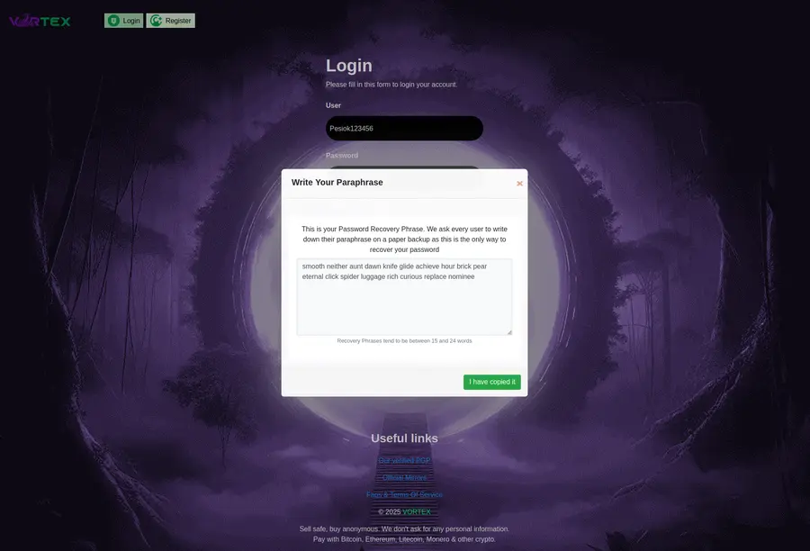 Wallet recovery phrase written on paper